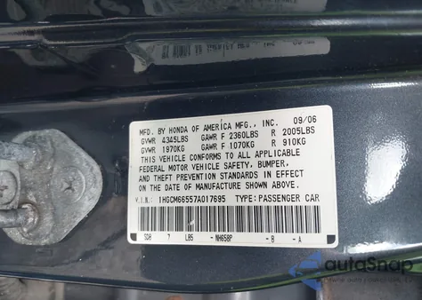 2007 Honda Accord 3.0 Ex z USA, uszkodzony, nr VIN 1HGCM66557A017695